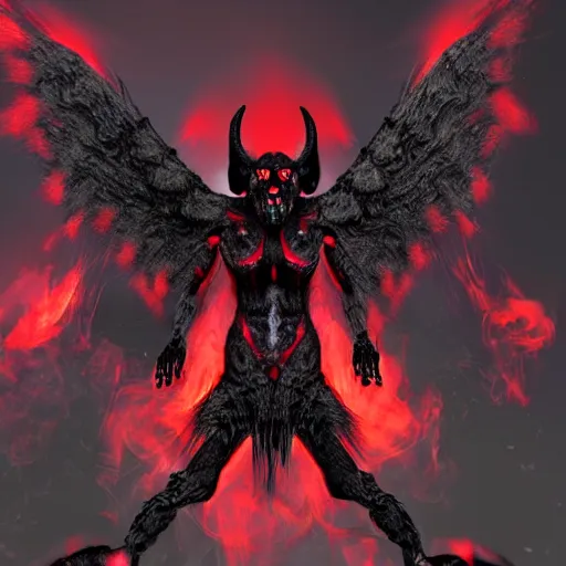 Image similar to black demon with evil face red eyes red mouth, wings, 8 k, high quality, highly realistic photo realistic