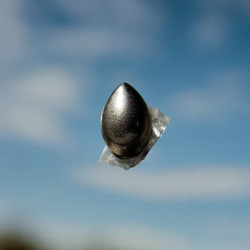 Prompt: side view of a bullet shot frozen in mid-air in the air. Rectangular bullet. Blue sky blurry background