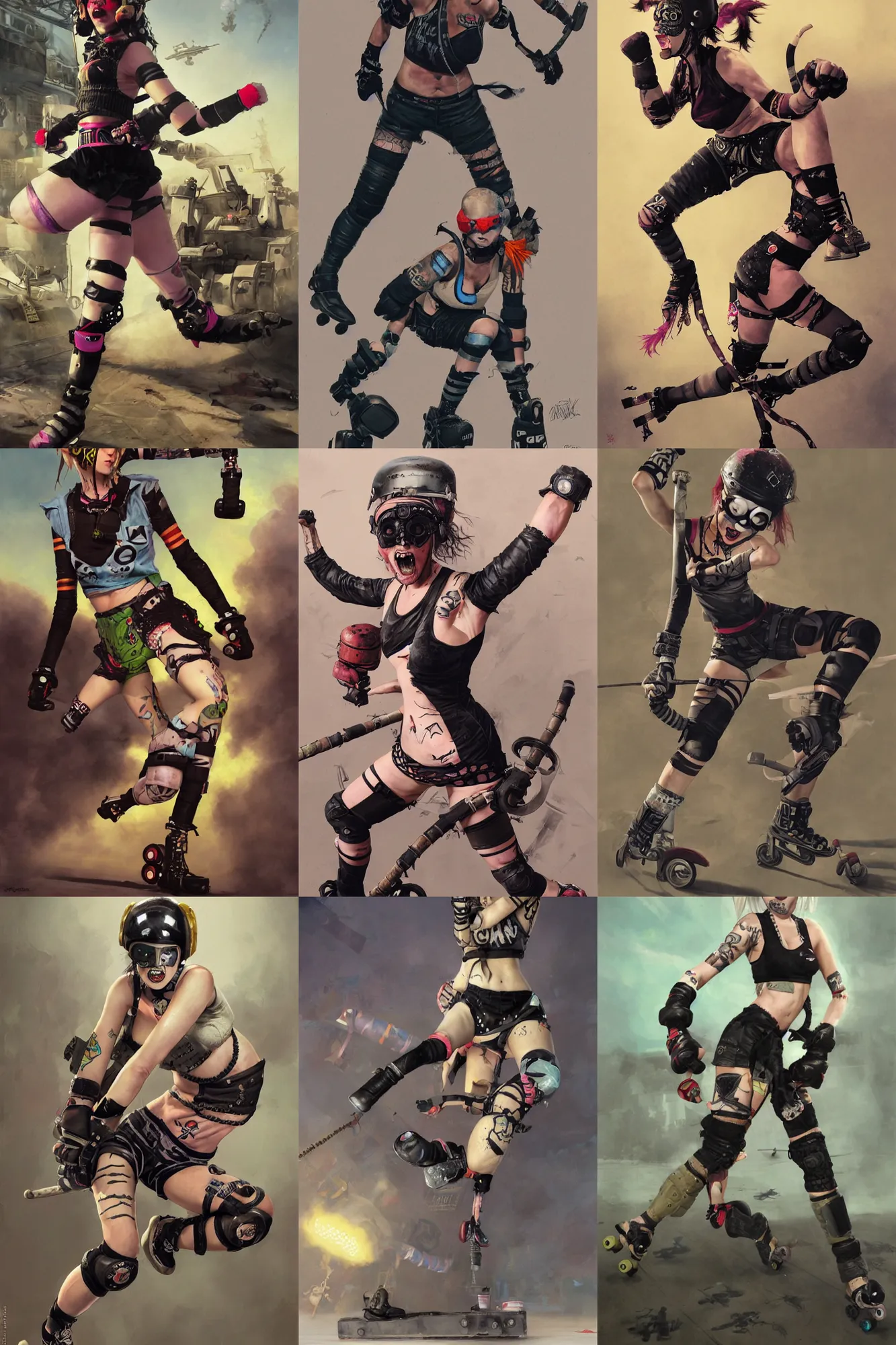 Prompt: tank girl goth, roller derby girl sprinting Cross-Over, wearing skate helmet, knee pads, elbow pads,full length portrait, fishnet tights, torn, ripped, fists in the air, illustration by greg rutkowski