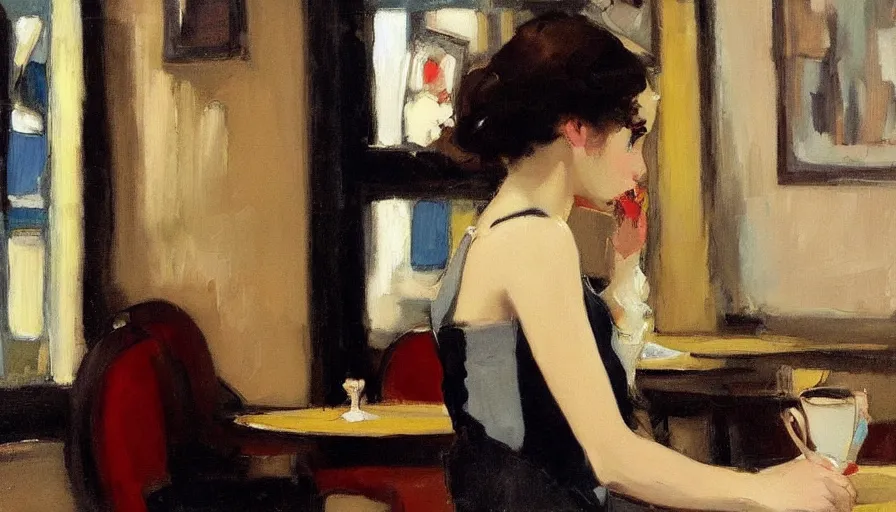 Image similar to painting by malcolm t liepke, young woman in cafe, detailed, stunning