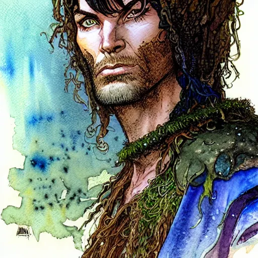 Image similar to a realistic and atmospheric watercolour fantasy character concept art portrait of andy mccoy as a druidic warrior wizard looking at the camera with an intelligent gaze by rebecca guay, michael kaluta, charles vess and jean moebius giraud