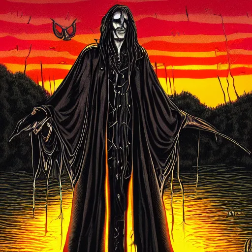 Image similar to vampire Mortiis floating in the air, sunset by Dan Mumford. Wearing leather and spikes