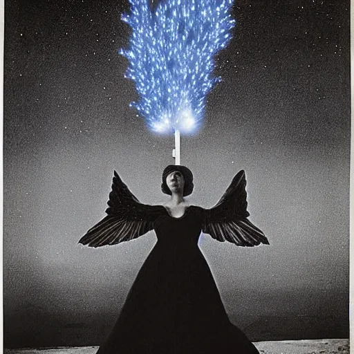 Image similar to by edward weston cosy, ominous. a digital art of a woman with wings made of stars, surrounded by a blue & white night sky. the woman is holding a staff in one hand, & a star in the other. she is wearing a billowing dress, & her hair is blowing in the wind.