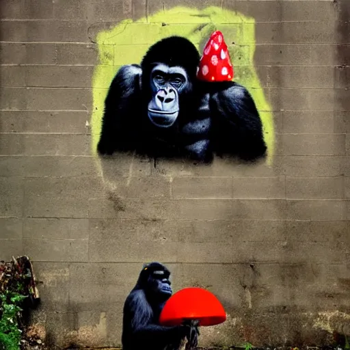 Prompt: gorilla holding an amanita muscaria made by banksy