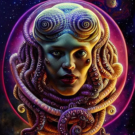 Image similar to uhd photorealistic cosmic lovecraftian gorgon in space. amazing detail, correct face, symmetrical face, by karol bak and zawadzki, hyperdetailed. intricate details with studio lighting.