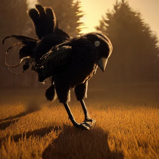 Prompt: Crow Fur-suit at furry convention, photo, center composition, golden hour, hyperrealistic, beautiful detailed intricate insanely detailed octane render trending on Artstation, trending on DeviantArt, 8K artistic photography, photorealistic, dramatic volumetric cinematic perfect light, award-winning photograph, masterpiece,