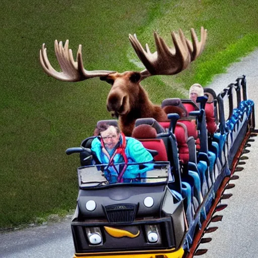 Image similar to moose riding a roller coaster,