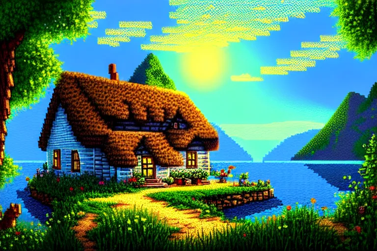 Image similar to view of a cottage above an azure lake, beautiful detailed pixelart by albertov and by kirokaze, intricate details, dithered gradients, beautiful, volumetric lighting, cgsociety, artstation