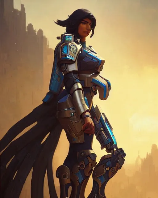 Image similar to pharah from overwatch, character portrait, concept art, intricate details, highly detailed by greg rutkowski, michael whelan and gustave dore