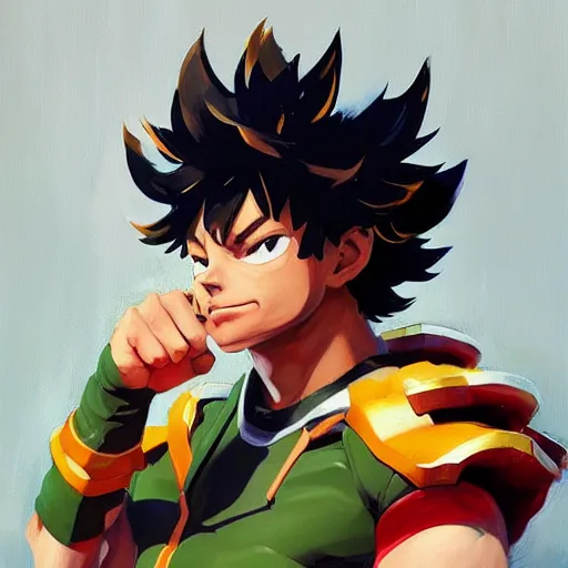 Image similar to greg manchess portrait painting of izuku midoriya as overwatch character, medium shot, asymmetrical, profile picture, organic painting, sunny day, matte painting, bold shapes, hard edges, street art, trending on artstation, by huang guangjian and gil elvgren and sachin teng