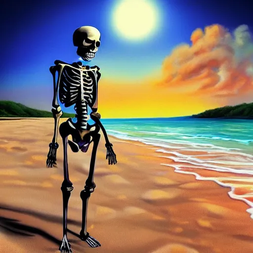 Image similar to Beautiful digital painting portrait of relaxed skeleton walking on the tropical beach with nuclear bomb explosion in the background, high quality, trending on Artstation, realistic, tropical color scheme, anatomically correct skeleton, high coherence, clear blue sky