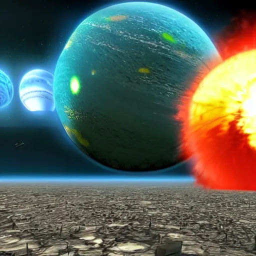 Image similar to planet collision, huge explosions, hyper realistic, detailed