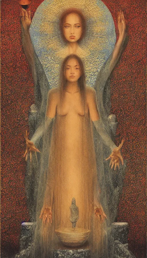 Image similar to the empress, a beautiful woman sitting on a stone throne, fertility, tarot design, ankh symbolism, agostino arrivabene