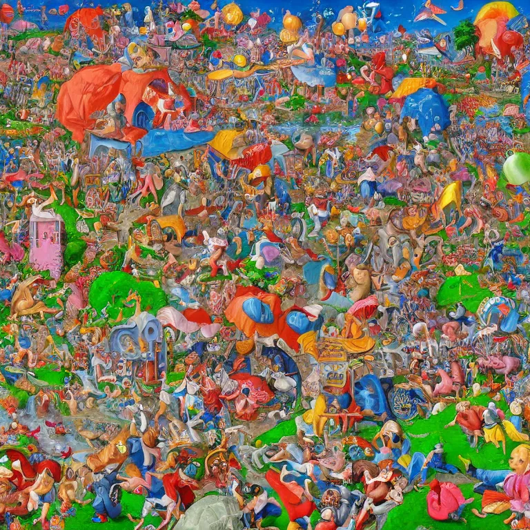 Image similar to an incredibly detailed masterpiece painting of a Where's Waldo puzzle by bosch and lisa frank, ornate, beautiful, bold colors, detailed, high resolution, wow!, realistic, photorealism, intricate