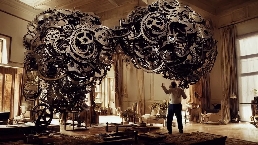 Image similar to a giant hand made of metal and cogs floats through the living room, film still from the movie directed by Denis Villeneuve with art direction by Salvador Dalí, wide lens