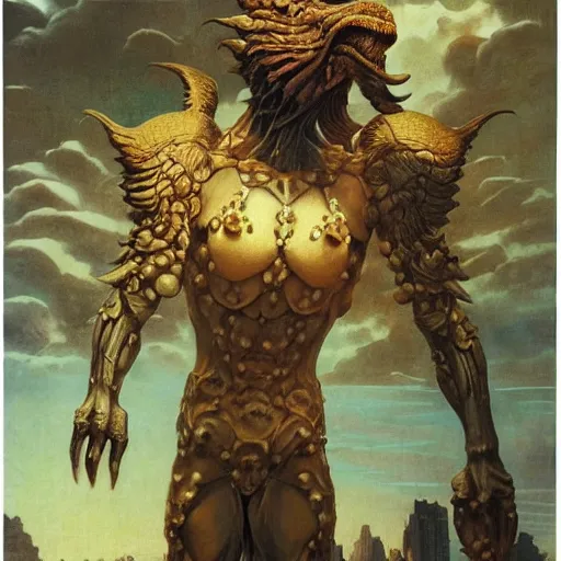 Image similar to portrait of immense, majestic, surreal, terrifying yoshi!!! standing triumphant over the city, perfectly clear face, by j. c. leyendecker, bosch, and beksinski