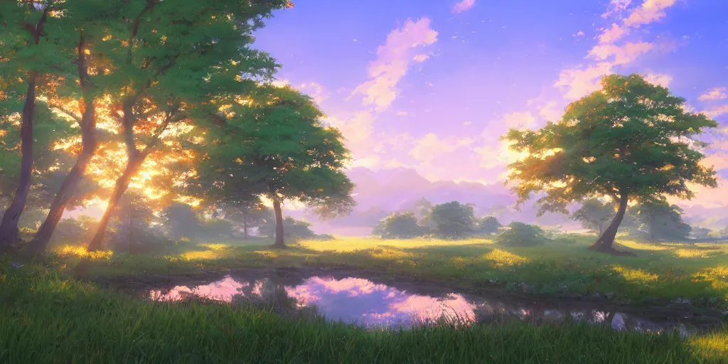 Image similar to an extraordinarily beautiful oil painting of a landscape in spring during sunrise ; lush vegetation ; the most beautiful painting in the world ; by makoto shinkai