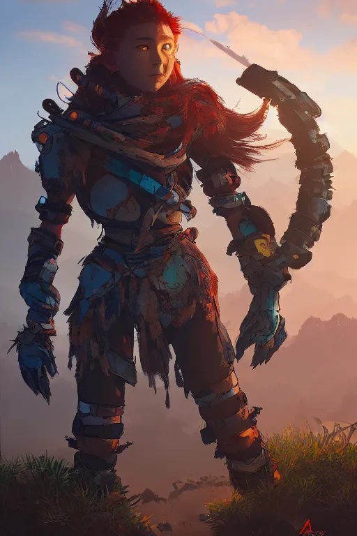 Image similar to combination suit armor aloy horizon forbidden west horizon zero dawn radiating a glowing aura global illumination ray tracing hdr fanart arstation by ian pesty and alena aenami artworks in 4 k tribal robot ninja mask helmet backpack