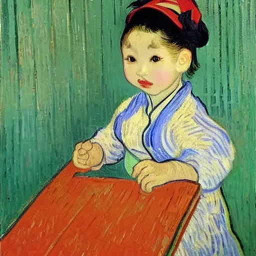 Image similar to A lovely asian baby girl sitting, toy in hand, selfie, big smile, art by Vincent van Gogh