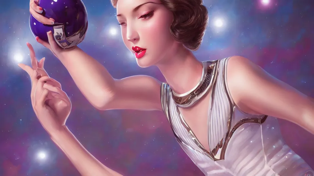 Image similar to art deco bowling alley, cute girl bowling, photo, ultra detail, photoreal, professionally retouched, soft moonlight lighting, shiny plastic miniskirt, realistic, smooth face, goddess, luscious lips, perfect eyes, wide angle, sharp focus on eyes, 8 k high definition, insanely detailed, intricate, elegant, art by artgerm and wlop