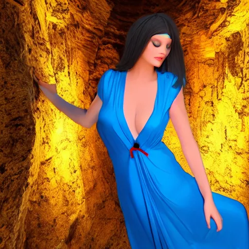 Prompt: seductive divine goddess with bright blue eyes and golden robe in a dark cave, photo 3 d,