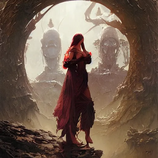 Prompt: fantasy painting with a woman in a surreal environment by Greg Rutkowski and Michael Whelan w 1024