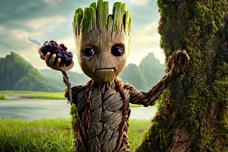 Image similar to an ultra realistic, cinematic headshot portrait, of baby groot, eating a whole banana, background of a vast serene landscape, with trees and rivers, detailed, deep focus, movie still, dramatic lighting, ray tracing, by michal karcz and yoshitaka amano