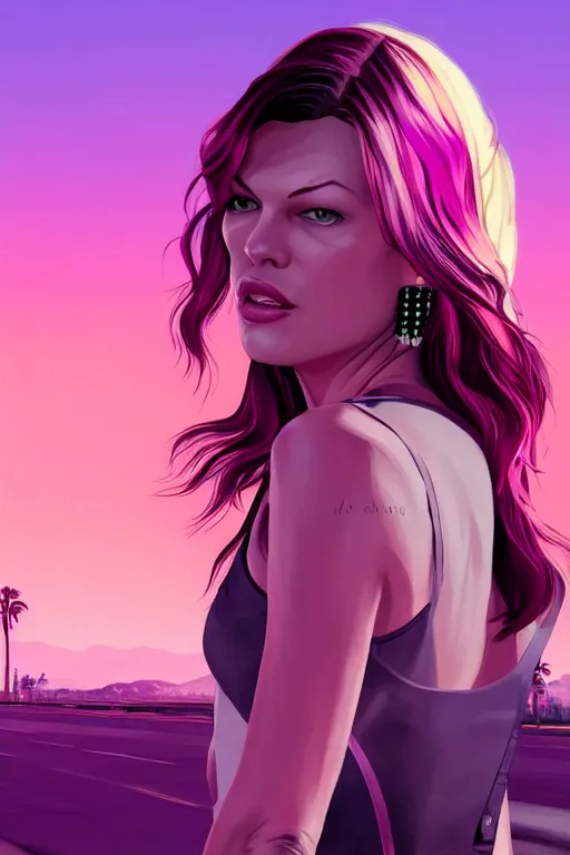 Image similar to a stunning GTA V loading screen Milla Jovovich with ombre purple pink hairstyle, hair blowing in the wind, hoop earrings, sunset mood, outrun, vaporware, retro, digital art, trending on artstation