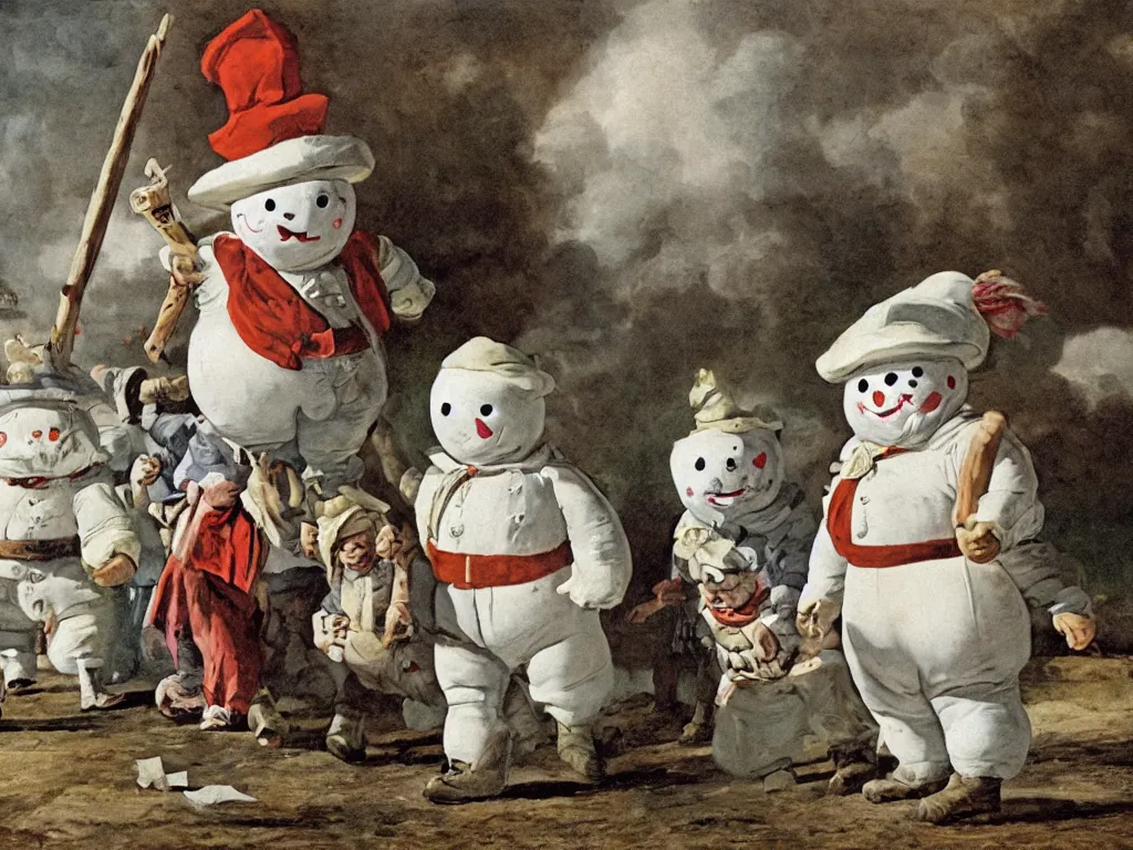 Image similar to the staypuft marshmallow man terrorizes a small dutch village in the 18th century with silly hats and those pants that are amazingly puffy color lithography