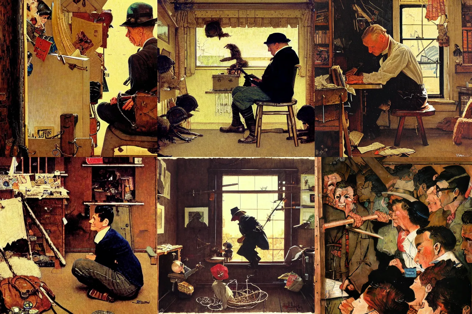 Prompt: A brave explorer ventures into a neckbeard\'s nest. A painting by Norman Rockwell.