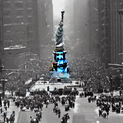 Prompt: The Statue of Liberty walks in the middle of the 5th avenue. The Statue of Liberty has large legs so that she can walk. With her arms, the Statue of Liberty crushes buildings, cars and people. In the background New-York is in flames