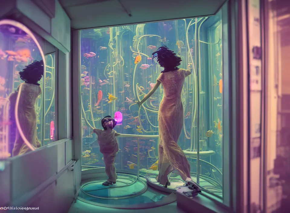 Image similar to telephoto 7 0 mm f / 2. 8 iso 2 0 0 photograph depicting the feeling of craziness in an expensive cluttered french sci - fi ( art nouveau ) pale cyberpunk apartment in a pastel dreamstate art cinema style. ( aquarium, running, window ( city ), led indicator, lamp ( ( ( mirror ) ) ) ), ambient light.