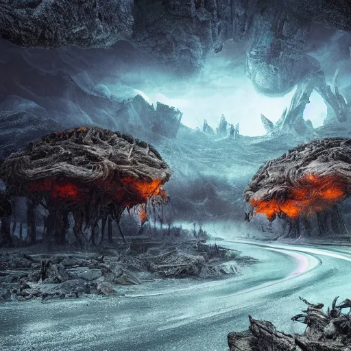 Prompt: future city covered by forest creature, doom of the gods, monster, gravity mess, star trek, glory war, photograph, cinematic matte painting, photo realism, desolate glacial landscape