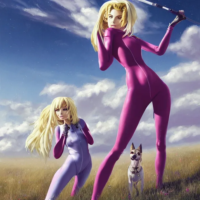 Prompt: full body portrait of a combination of Ashley Greene, Victoria Justice and Adriana Dxim, Grace Kelly and Lily Collins with blonde hair wearing a Plugsuit from Neon Genesis Evangelion and walking dogs, countryside, calm, fantasy character portrait, dynamic pose, above view, sunny day, thunder clouds in the sky, artwork by Jeremy Lipkin and Giuseppe Dangelico Pino and Michael Garmash and Rob Rey and Greg Manchess and Huang Guangjian, very coherent asymmetrical artwork, sharp edges, perfect face, simple form, 100mm