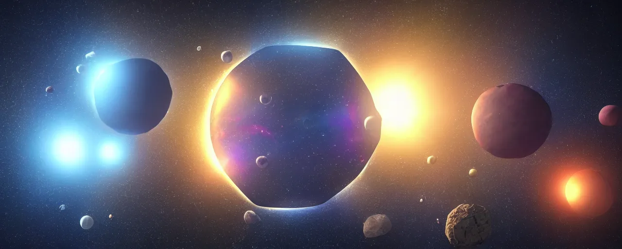 Image similar to a hexagon universe with hexagon shaped planets, hexagon lens flares, hexagonal stones, atmospheric composition, masterpiece, fantastic, octane render, 8K HD Resolution, High quality image