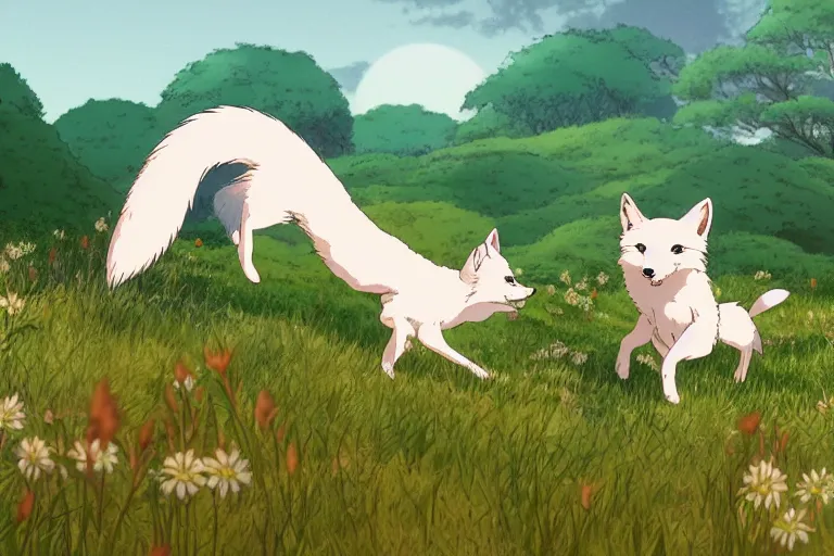 Image similar to white fox and red fox running through the meadow hill, forest on the horizont, beautiful ambiance, golden hour, studio ghibli style, by hayao miyazaki, tom moor, sharp focus, highly detailed,