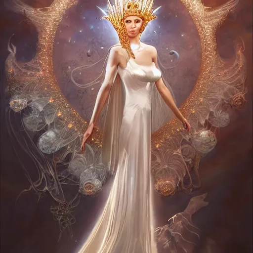 Image similar to a beautiful woman wearing a white dress made of silk, and a crown made of golden ornaments and diamonds jewelry by alex gray and android jones, karol bak, ayami kojima, amano, concept art, character design, fantasy, 3 d, 8 k resolution