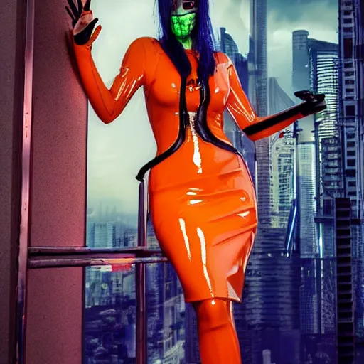 Image similar to CYBERPUNK big bust beautiful Claud Monet proportions girl in orange latex dress and orange latex gloves holding wonderful artifact raven feather in her hand