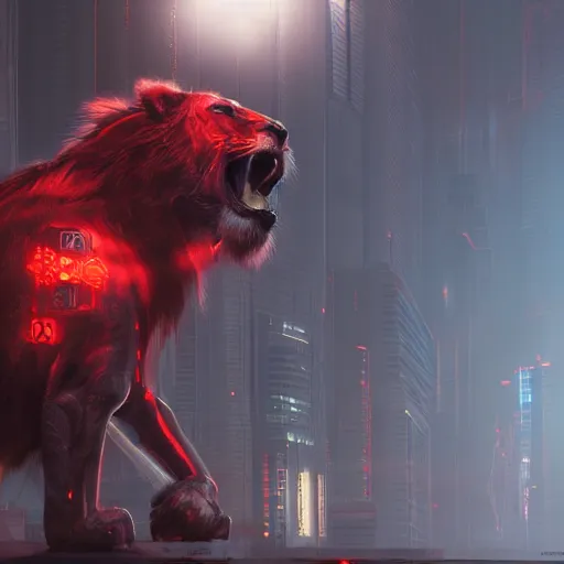 Prompt: steel cyberpunk lion red glow, concept art, matte painting by jama jurabaev, hard surface, octane render