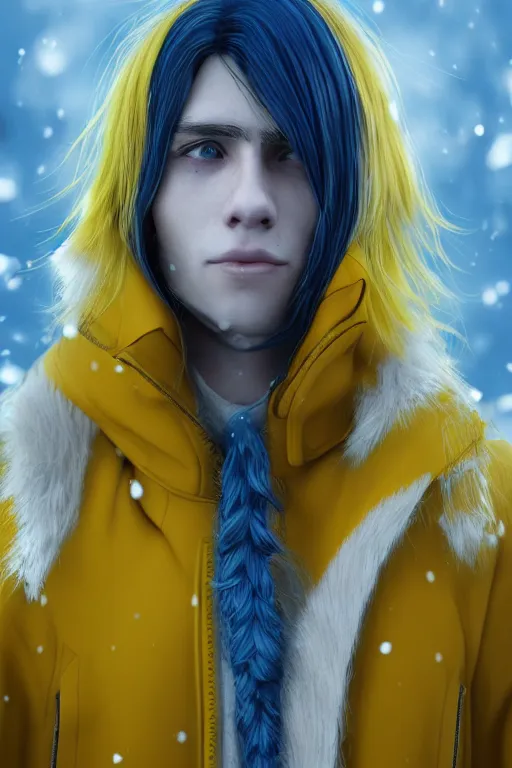 Image similar to a male teenager with long blue hair and yellow eyes wearing a winter overcoat, hyperrealistic, concept art, octane render, unreal engine 5, trending on artstation, high quality, 8 k, highly detailed, digital art, anatomically correct, symmetrical, realistic and defined face, high coherence, path traced, face portrait, yellow eyes, blue hair