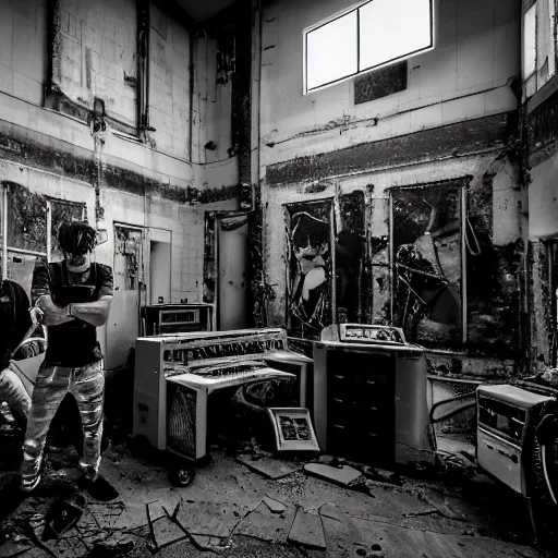 Image similar to tattooed punk band wired to their cybernetic equipment and machines, in interior of abandoned bombed out office building, moody, low light, cinematic