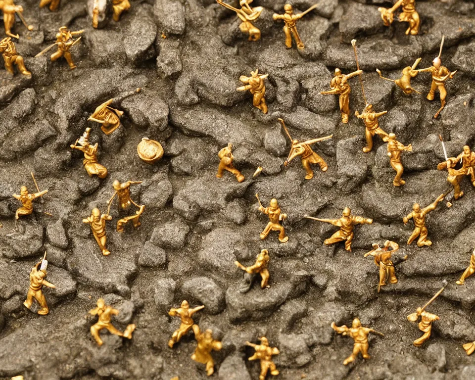 Prompt: close-up, hi-res photo of miniature tin soldiers navigating a zen garden.