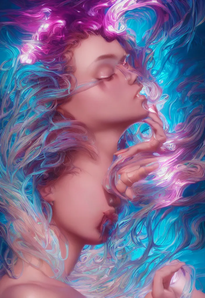 Prompt: beautiful, young woman, detailed gorgeous face, vaporwave aesthetic, synthwave, water waves, colorful, psychedelic, artstation, concept art, smooth, extremely sharp detail, finely tuned detail, ultra high definition, 8 k, unreal engine 5, ultra sharp focus, illustration, art by artgerm and greg rutkowski and alphonse mucha