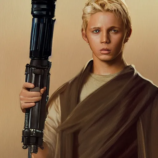 Prompt: full body Over-the-Shoulder Shot of a young blonde male jedi with short hair holding a lightsaber concept art by Doug Chiang cinematic concept art, realistic painting, high definition, digital art, matte painting, symmetrical, very detailed, realistic, dramatic lighting, cinematic, establishing shot, extremely high detail, photo realistic, cinematic lighting, post processed, concept art, artstation, matte painting, red color scheme, the Mandalorian concept art style