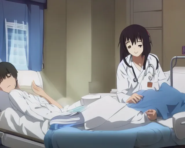 Image similar to a cute and beautiful young female doctor wearing white coat are taking care of a patient on a bed in a hospital ward, slice of life anime, anime scenery by Makoto shinkai