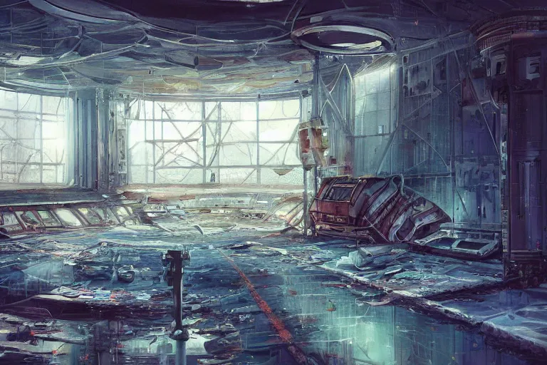 Image similar to A beautiful painting of inside in abandoned rusty space station from kindzadza, Trending on artstation.