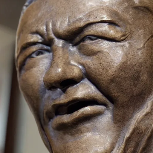 Image similar to close up shot of an old bronze patina statue of takeshi kitano in a museum