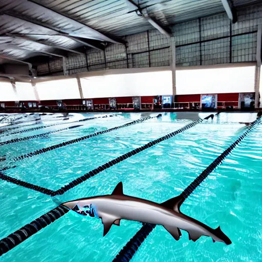 Prompt: a shark on the diving board at the swimming pool