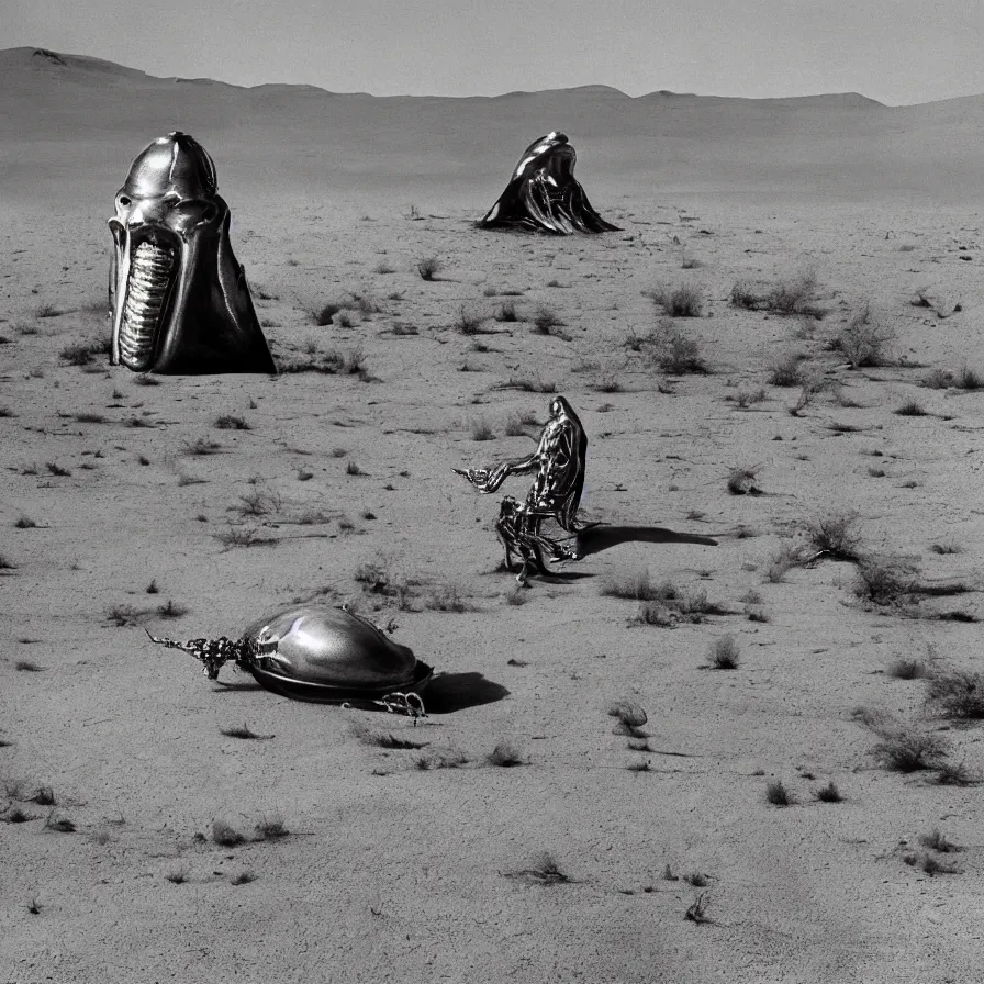 Image similar to salvador dali wearing a golden horned crown and jewels in a dry sand desert landscape, alien spaceship by giger in the landscape, film still from the movie by alejandro jodorowsky with cinematogrophy of christopher doyle and art direction by hans giger, anamorphic lens, kodakchrome, very detailed photo, 8 k