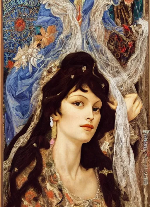 Image similar to oil painting of Queen Vulvine, Hungarian, curly dark hair, fair skin, veil by Georgia o Keeffe, by Marcel Jankowicz, by Botticelli, by Gustave Moreau, concept art, master